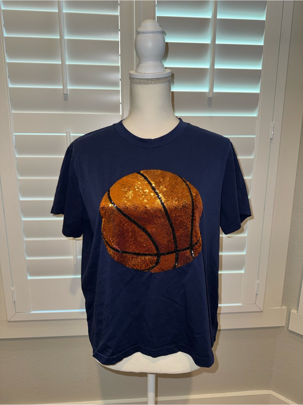 QUEEN OF SPARKLES Navy Short Sleeve Tee with Sequin Basketball